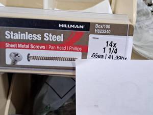 lot 959 image: Lot of (200) Hillman Stainless Steel Sheet Metal Screws 14x1-14  Pan Head  Phillips Drive #H823340