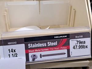 lot 960 image: Lot of (70) Hillman Stainless Steel Sheet Metal Screws 14x1-12  Pan Head  Phillips Drive #H823342