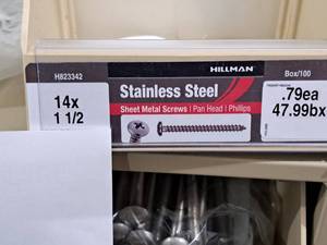 lot 961 image: Lot of (200) Hillman Stainless Steel Sheet Metal Screws 14x1-12  Pan Head  Phillips Drive #H823342