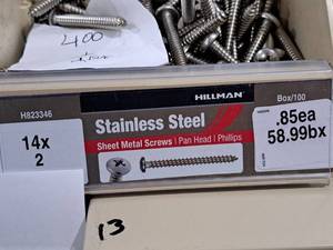 lot 962 image: Lot of (200) Hillman Stainless Steel Sheet Metal Screws 14x2  Pan Head  Phillips Drive #H823346