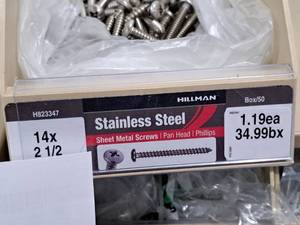 lot 965 image: Lot of (110) Hillman Stainless Steel Sheet Metal Screws 14x2-12  Pan Head  Phillips Drive #H823347
