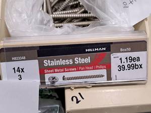 lot 967 image: Lot of (70) Hillman Stainless Steel Sheet Metal Screws 14x3  Pan Head  Phillips Drive #H823348