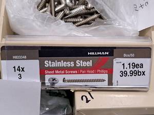 lot 968 image: Lot of (100) Hillman Stainless Steel Sheet Metal Screws 14x3  Pan Head  Phillips Drive #H823348