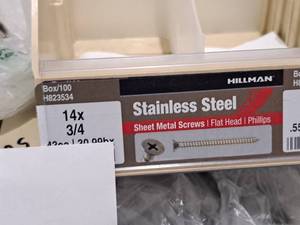 lot 970 image: Lot of (125) Hillman Stainless Steel Sheet Metal Screws 14x34  Flat Head  Phillips Drive #H823534