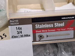 lot 971 image: Lot of (100) Hillman Stainless Steel Sheet Metal Screws 14x34  Flat Head  Phillips Drive #H823534