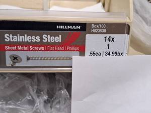 lot 972 image: Lot of (200) Hillman Stainless Steel Sheet Metal Screws 14x1  Flat Head  Phillips Drive #H823538