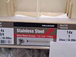 lot 973 image: Lot of (200) Hillman Stainless Steel Sheet Metal Screws 14x1  Flat Head  Phillips Drive #H823538