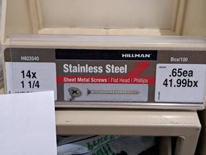 lot 974 image: Lot of (180) Hillman Stainless Steel Sheet Metal Screws 14x1-14  Flat Head  Phillips Drive #H823540