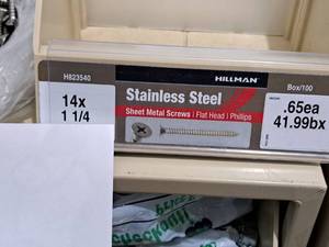 lot 975 image: Lot of (100) Hillman Stainless Steel Sheet Metal Screws 14x1-14  Flat Head  Phillips Drive #H823540