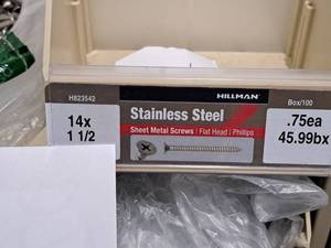 lot 976 image: Lot of (70) Hillman Stainless Steel Sheet Metal Screws 14x1-12  Flat Head  Phillips Drive #H823542