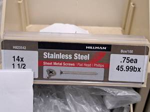 lot 977 image: Lot of (100) Hillman Stainless Steel Sheet Metal Screws 14x1-12  Flat Head  Phillips Drive #H823542
