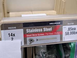 lot 978 image: Lot of (125) Hillman Stainless Steel Sheet Metal Screws 14x2  Flat Head  Phillips Drive #H823546
