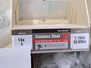 lot 982 image: Lot of (60) Hillman Stainless Steel Sheet Metal Screws 14x3  Flat Head  Phillips Drive #H823548