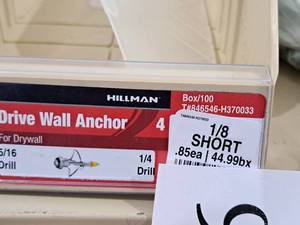 lot 987 image: Lot of (275) Hillman 18 Short Drive Wall Anchor  516 Drill  For Drywall #H370033
