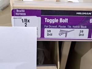 lot 990 image: Lot of (130) Hillman Toggle Bolt  38 Drill  For Drywall,Plaster,Tile,Hollow Block 18x2 #H370039
