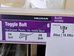 lot 992 image: Lot of (125) Hillman Toggle Bolt  38 Drill  For Drywall,Plaster,Tile,Hollow Block 18x3 #H370042