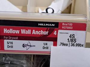 lot 997 image: Lot of (200) Hillman 4S 18S Hollow Wall Anchor  516 Drill  For Drywall #H370003