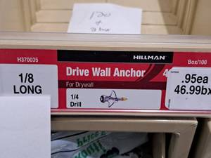 lot 1001 image: Lot of (200) Hillman 18 LONG Drive Wall Anchor  14 Drill  For Drywall #H370035