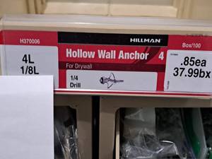lot 1004 image: Lot of (80) Hillman 4L 18L Hollow Wall Anchor  14 Drill  For Drywall #H370006