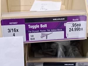 lot 1006 image: Lot of (50) Hillman Toggle Bolt  12 Drill  For Drywall,Plaster,Tile,Hollow Block 316x4 #H370057