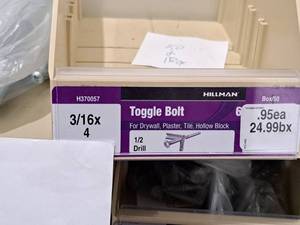 lot 1007 image: Lot of (50) Hillman Toggle Bolt  12 Drill  For Drywall,Plaster,Tile,Hollow Block 316x4 #H370057