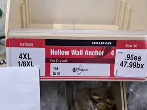 lot 1008 image: Lot of (80) Hillman 4XL 18XL Hollow Wall Anchor  14 Drill  For Drywall #H370009