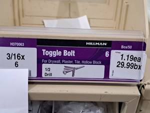 lot 1010 image: Lot of (65) Hillman Toggle Bolt  12 Drill  For Drywall,Plaster,Tile,Hollow Block 316x6 #H370063