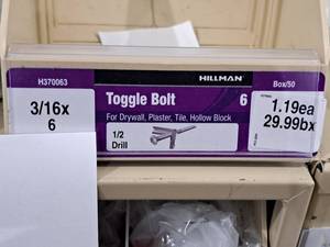 lot 1011 image: Lot of (50) Hillman Toggle Bolt  12 Drill  For Drywall,Plaster,Tile,Hollow Block 316x6 #H370063