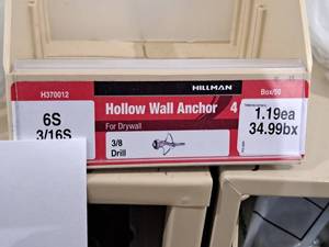 lot 1012 image: Lot of (125) Hillman 6S 316S Hollow Wall Anchor  38 Drill  For Drywall #H370012
