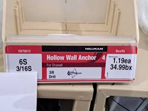 lot 1013 image: Lot of (100) Hillman 6S 316S Hollow Wall Anchor  38 Drill  For Drywall #H370012