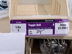 lot 1014 image: Lot of (40) Hillman Toggle Bolt  58 Drill  For Drywall,Plaster,Tile,Hollow Block 14x3 #H370066