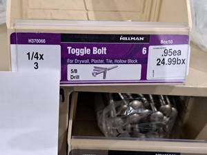 lot 1015 image: Lot of (50) Hillman Toggle Bolt  58 Drill  For Drywall,Plaster,Tile,Hollow Block 14x3 #H370066