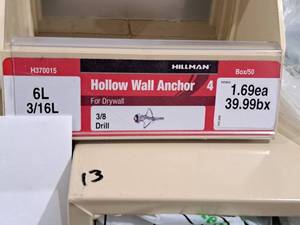 lot 1016 image: Lot of (40) Hillman 6L 316L Hollow Wall Anchor  38 Drill  For Drywall #H370015