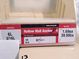 lot 1017 image: Lot of (100) Hillman 6L 316L Hollow Wall Anchor  38 Drill  For Drywall #H370015
