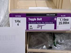 lot 1019 image: Lot of (50) Hillman Toggle Bolt  58 Drill  For Drywall,Plaster,Tile,Hollow Block 14x4 #H370069