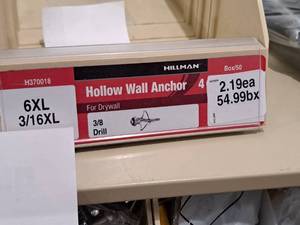 lot 1020 image: Lot of (75) Hillman 6XL 316XL Hollow Wall Anchor  38 Drill  For Drywall #H370018