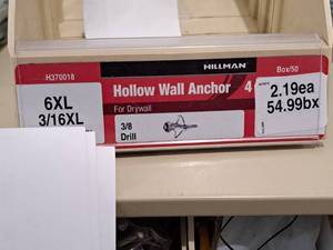 lot 1021 image: Lot of (50) Hillman 6XL 316XL Hollow Wall Anchor  38 Drill  For Drywall #H370018