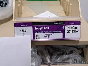 lot 1022 image: Lot of (70) Hillman Toggle Bolt  58 Drill  For Drywall,Plaster,Tile,Hollow Block 14x6 #H370075