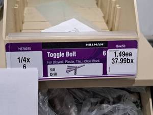 lot 1023 image: Lot of (50) Hillman Toggle Bolt  58 Drill  For Drywall,Plaster,Tile,Hollow Block 14x6 #H370075