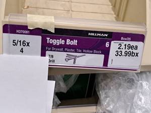 lot 1026 image: Lot of (25) Hillman Toggle Bolt  78 Drill  For Drywall,Plaster,Tile,Hollow Block 516x4 #H370081