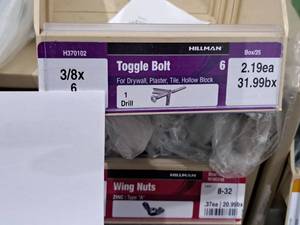 lot 1031 image: Lot of (20) Hillman Toggle Bolt  1 Drill  For Drywall,Plaster,Tile,Hollow Block 38x6 #H370102
