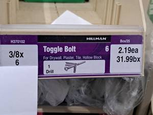 lot 1032 image: Lot of (25) Hillman Toggle Bolt  1 Drill  For Drywall,Plaster,Tile,Hollow Block 38x6 #H370102