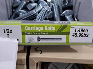 lot 1076 image: Lot of (50) Hillman Zinc Carriage Bolts 12x2  Coarse Thread #H240294