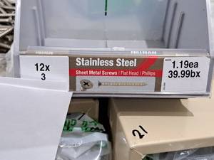 lot 1083 image: Lot of (65) Hillman Stainless Steel Sheet Metal Screws 12x3  Flat Head  Phillips Drive #H823526