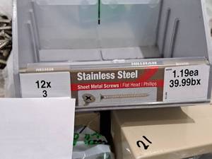 lot 1084 image: Lot of (50) Hillman Stainless Steel Sheet Metal Screws 12x3  Flat Head  Phillips Drive #H823526