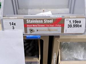 lot 1097 image: Lot of (200) Hillman Stainless Steel Sheet Metal Screws 14x3  Flat Head  Phillips Drive #H823548