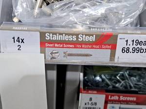 lot 1863 image: Lot of (130) Hillman Stainless Steel Sheet Metal Screws 14x2  Hex Washer Head  Slotted Drive #H823144