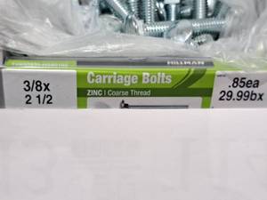 lot 1134 image: Lot of (100) Hillman Zinc Carriage Bolts 38x2-12  Coarse Thread #H240162