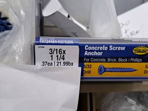 lot 1138 image: Lot of (200) Hillman Concrete Screw Anchor  532 Drill  For Concrete, Brick, Block, Pressure Treated Lumber 316x1-14  Phillips Drive #H375300