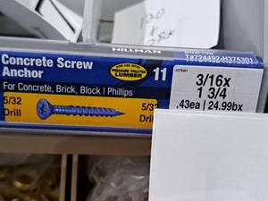 lot 1139 image: Lot of (120) Hillman Concrete Screw Anchor  532 Drill  For Concrete, Brick, Block, Pressure Treated Lumber 316x1-34  Phillips Drive #H375301